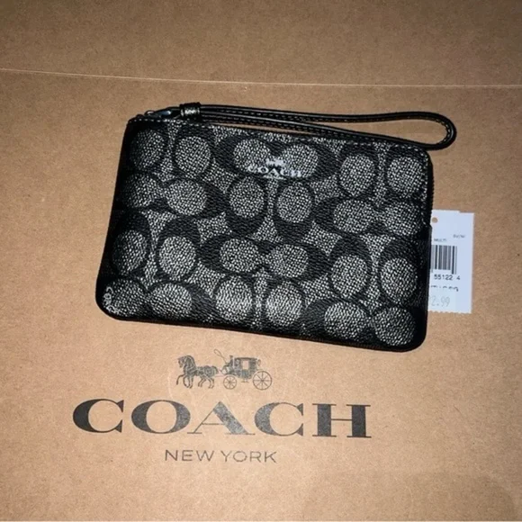NWT COACH Wallet Corner Zip Wristlet CW964 Pearlized Signature Metallic CrosGrn - Picture 1 of 4